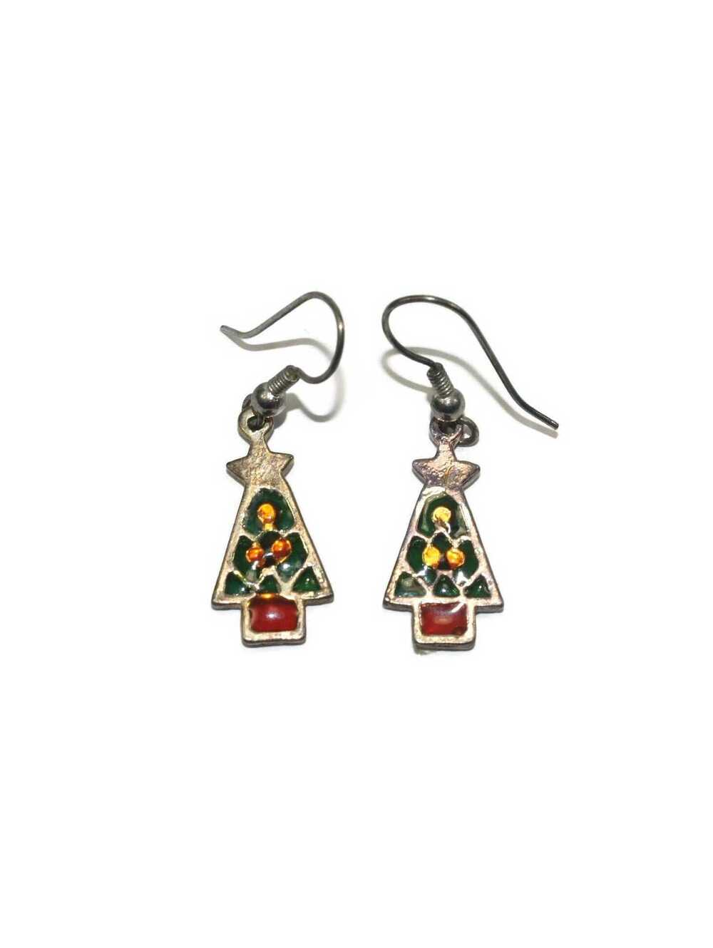 Vintage Gold Tone, Red and Green Christmas Tree Dangle Earrings with Hook Backs.